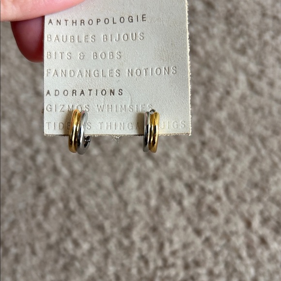 Anthropologie Two-Tone Gold and Silver Double Band Huggie Earrings - Picture 2 of 4